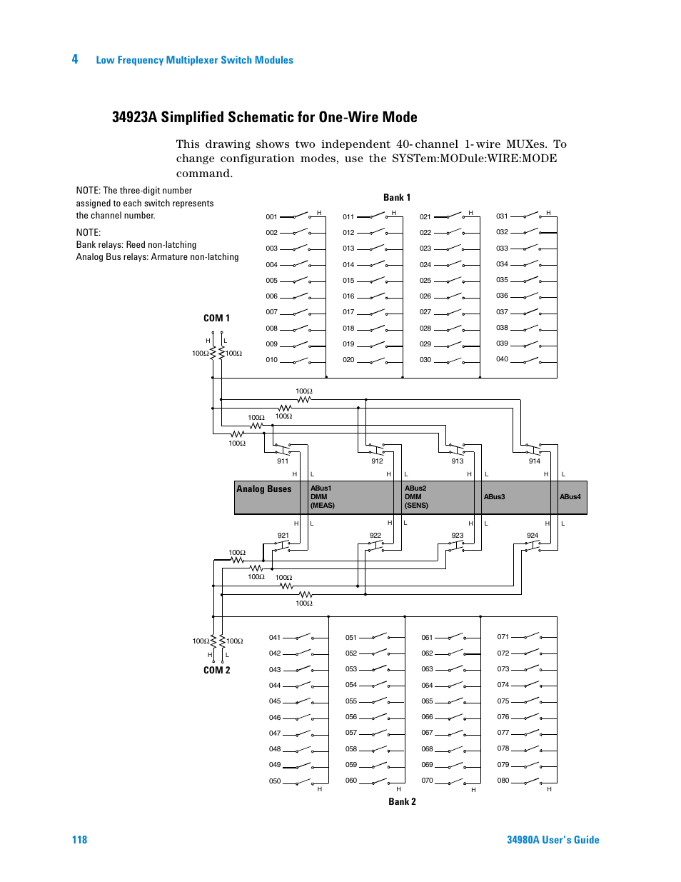 34923a simplified schematic for one-wire mode, Low frequency multiplexer switch modules | Agilent Technologies Switch/Measure User Manual | Page 130 / 216