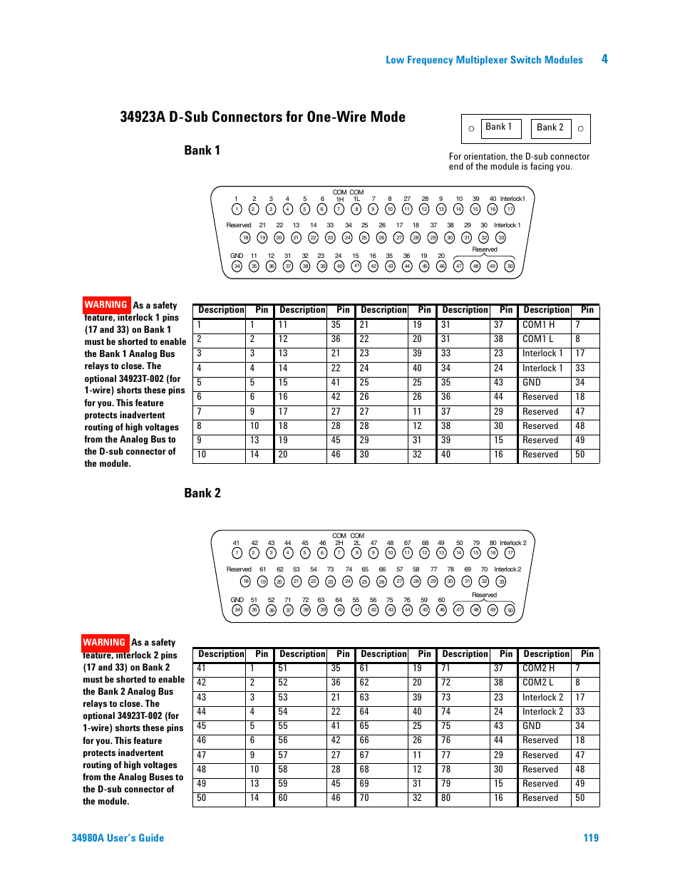 34923a d-sub connectors for one-wire mode, Bank 1 bank 2, Low frequency multiplexer switch modules | Agilent Technologies Switch/Measure User Manual | Page 131 / 216