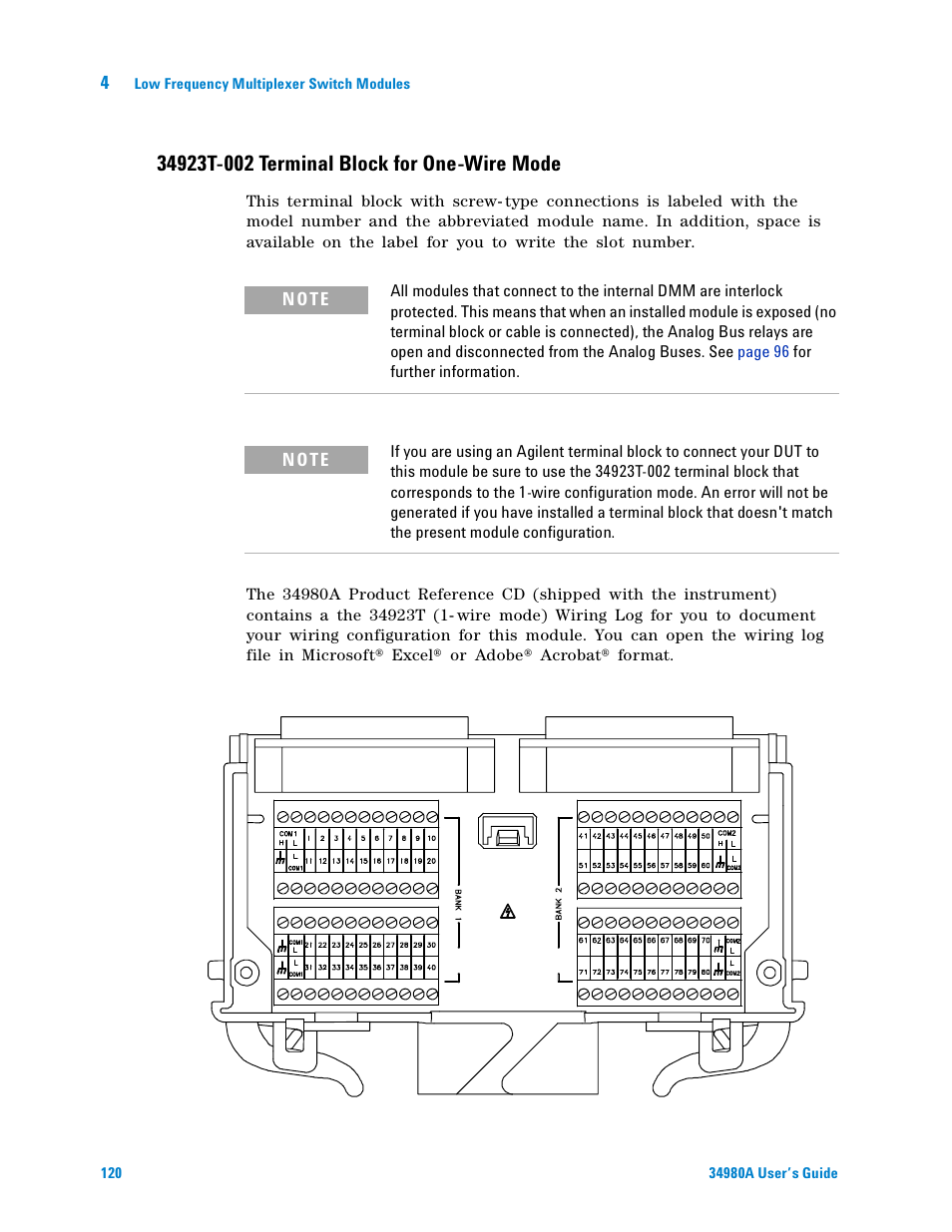 34923t-002 terminal block for one-wire mode | Agilent Technologies Switch/Measure User Manual | Page 132 / 216