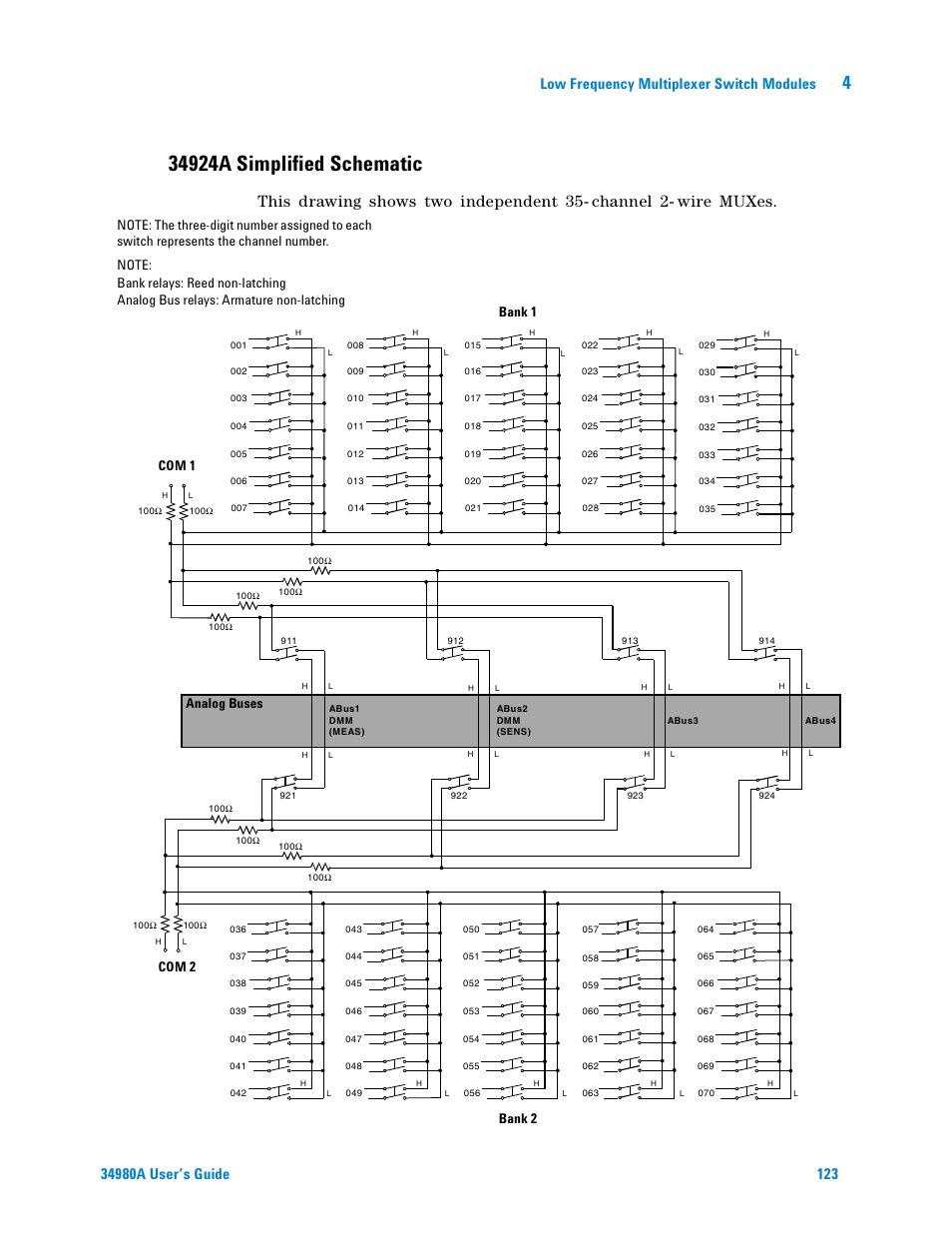 34924a simplified schematic, Low frequency multiplexer switch modules | Agilent Technologies Switch/Measure User Manual | Page 135 / 216