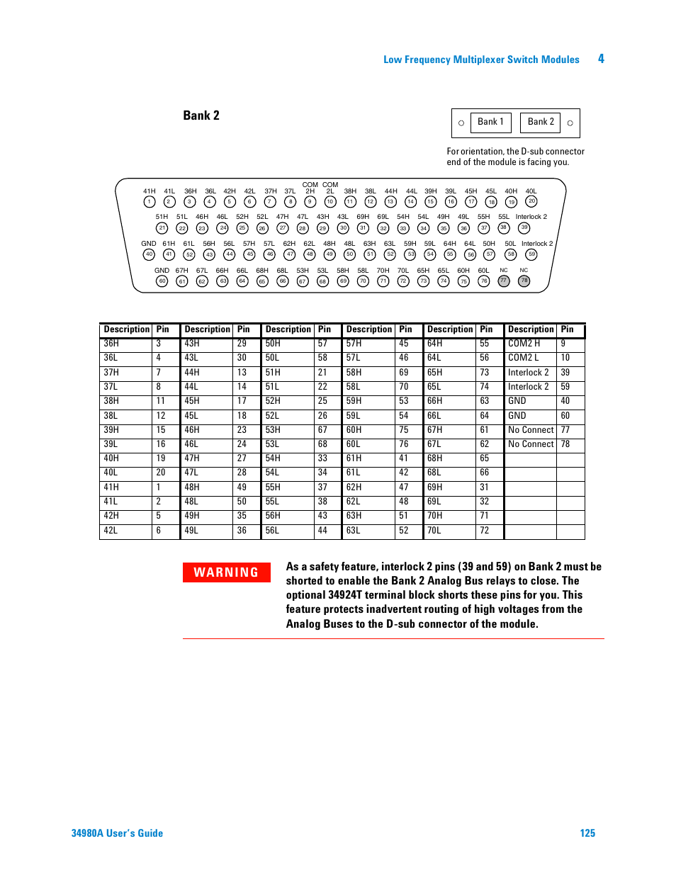 Bank 2, Wa rn i n g, Low frequency multiplexer switch modules | Agilent Technologies Switch/Measure User Manual | Page 137 / 216