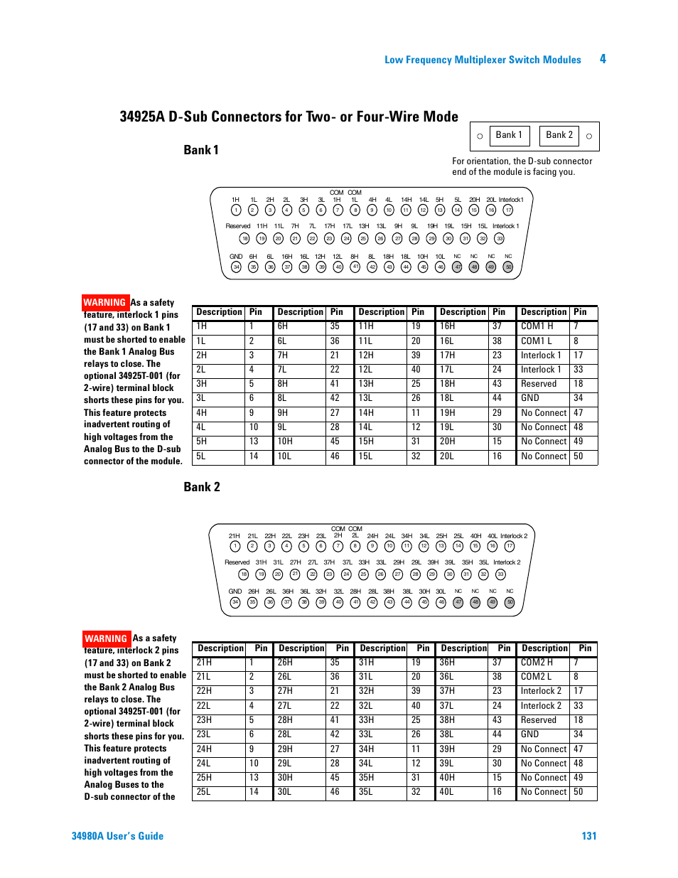 34925a d-sub connectors for two- or four-wire mode, Bank 1 bank 2, Low frequency multiplexer switch modules | Agilent Technologies Switch/Measure User Manual | Page 143 / 216