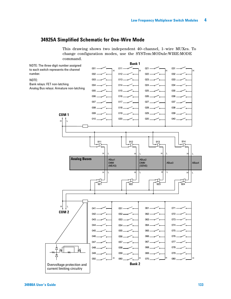 34925a simplified schematic for one-wire mode, Low frequency multiplexer switch modules | Agilent Technologies Switch/Measure User Manual | Page 145 / 216