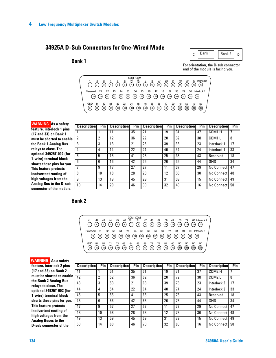 34925a d-sub connectors for one-wired mode, Bank 1 bank 2, Low frequency multiplexer switch modules | Agilent Technologies Switch/Measure User Manual | Page 146 / 216