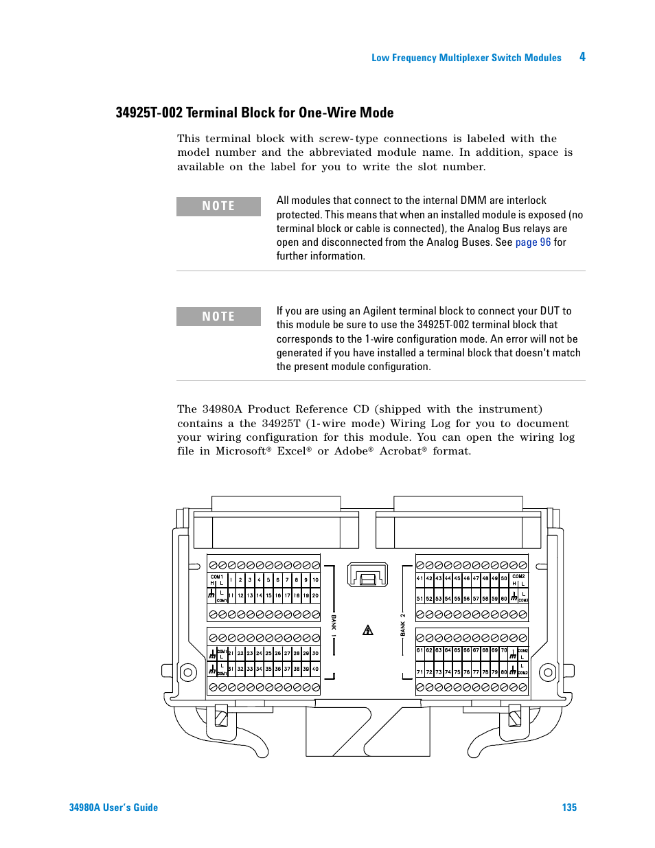 34925t-002 terminal block for one-wire mode | Agilent Technologies Switch/Measure User Manual | Page 147 / 216