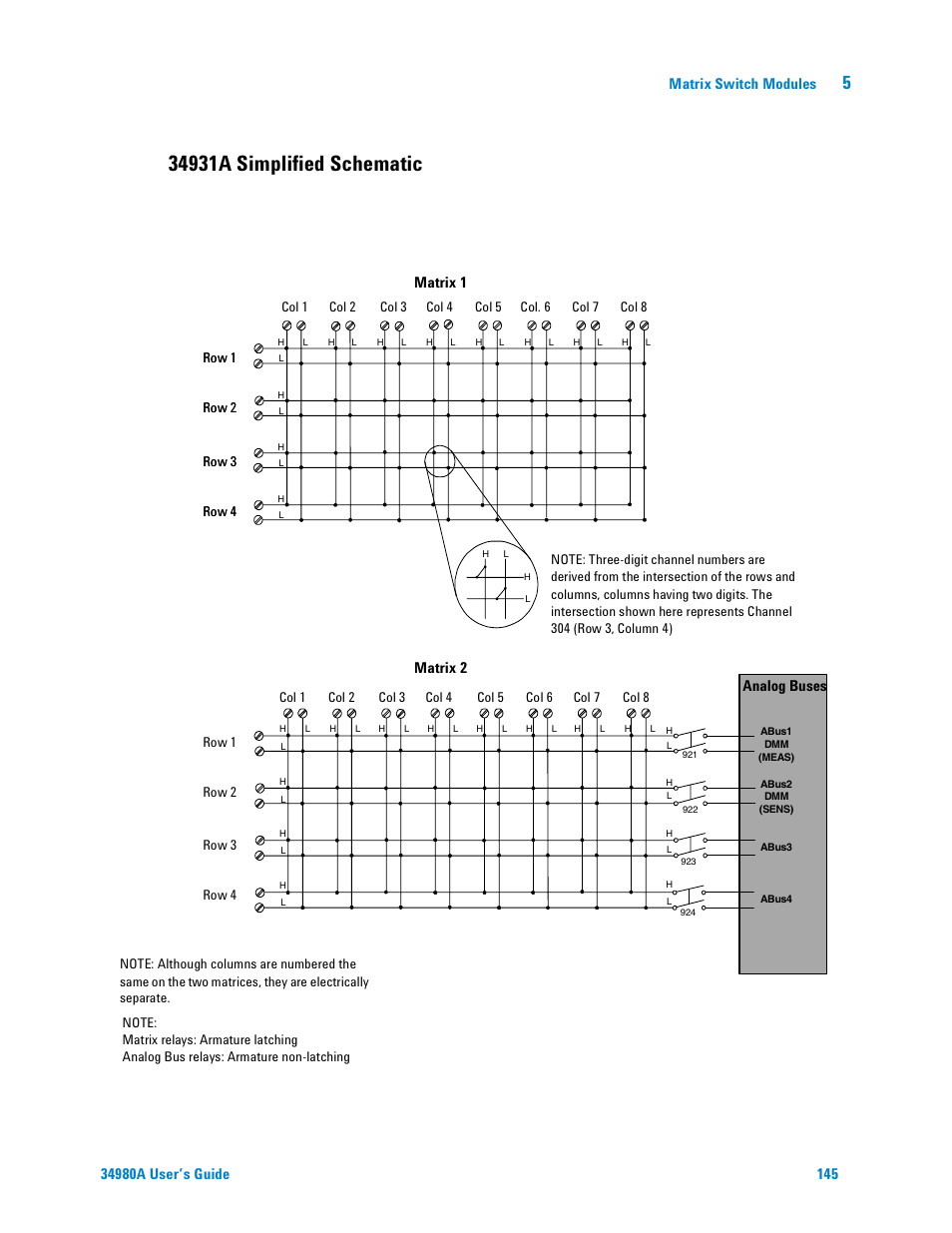 34931a simplified schematic, Matrix switch modules, Matrix 1 matrix 2 | Analog buses | Agilent Technologies Switch/Measure User Manual | Page 157 / 216