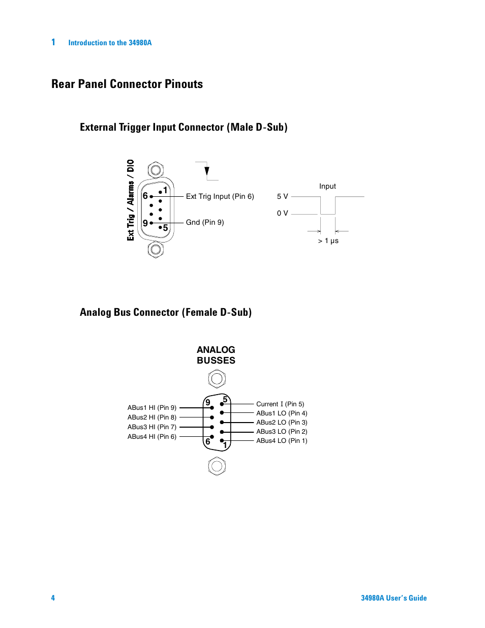 Rear panel connector pinouts, External trigger input connector (male d-sub), Analog bus connector (female d-sub) | Agilent Technologies Switch/Measure User Manual | Page 16 / 216