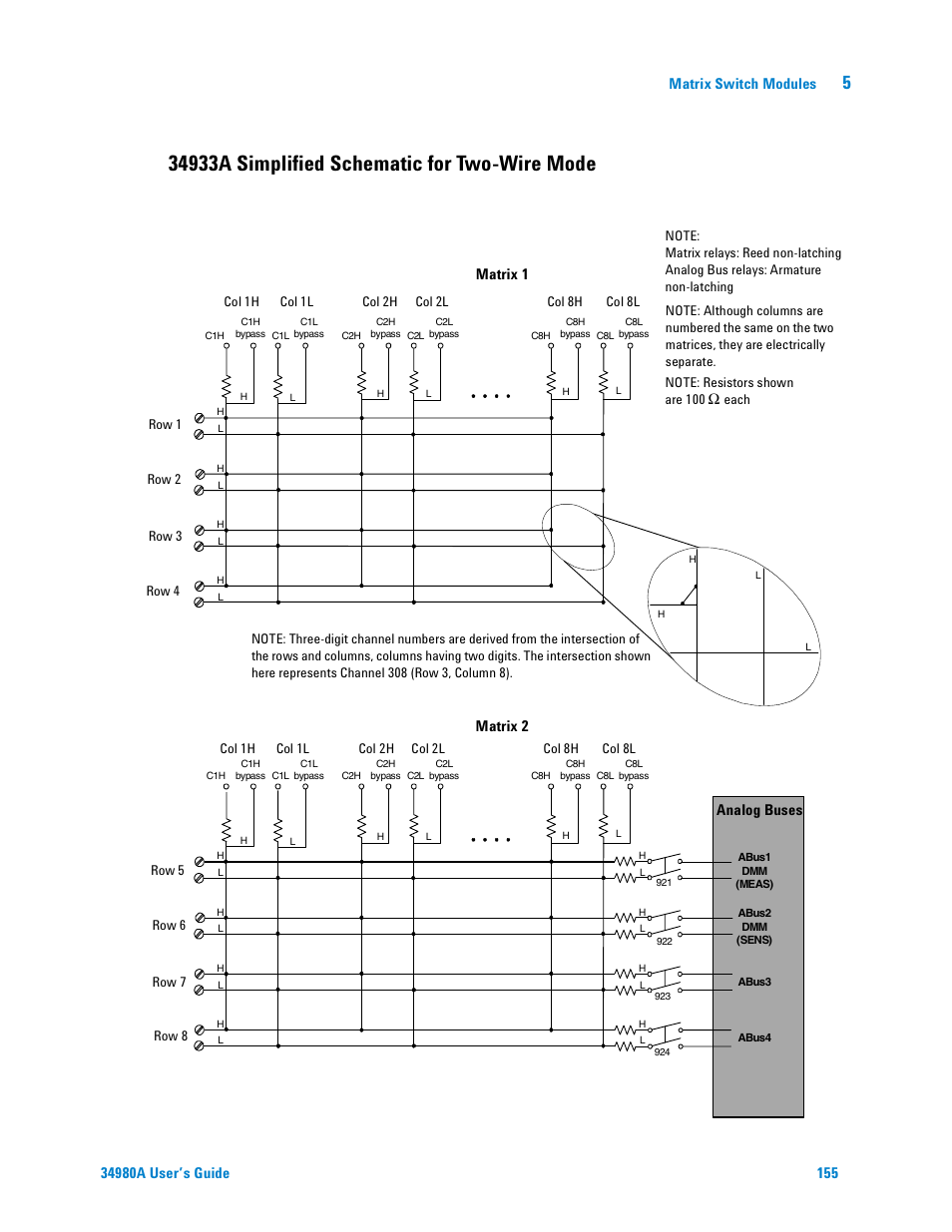 34933a simplified schematic for two-wire mode, Matrix switch modules, Matrix 1 matrix 2 | Analog buses | Agilent Technologies Switch/Measure User Manual | Page 167 / 216