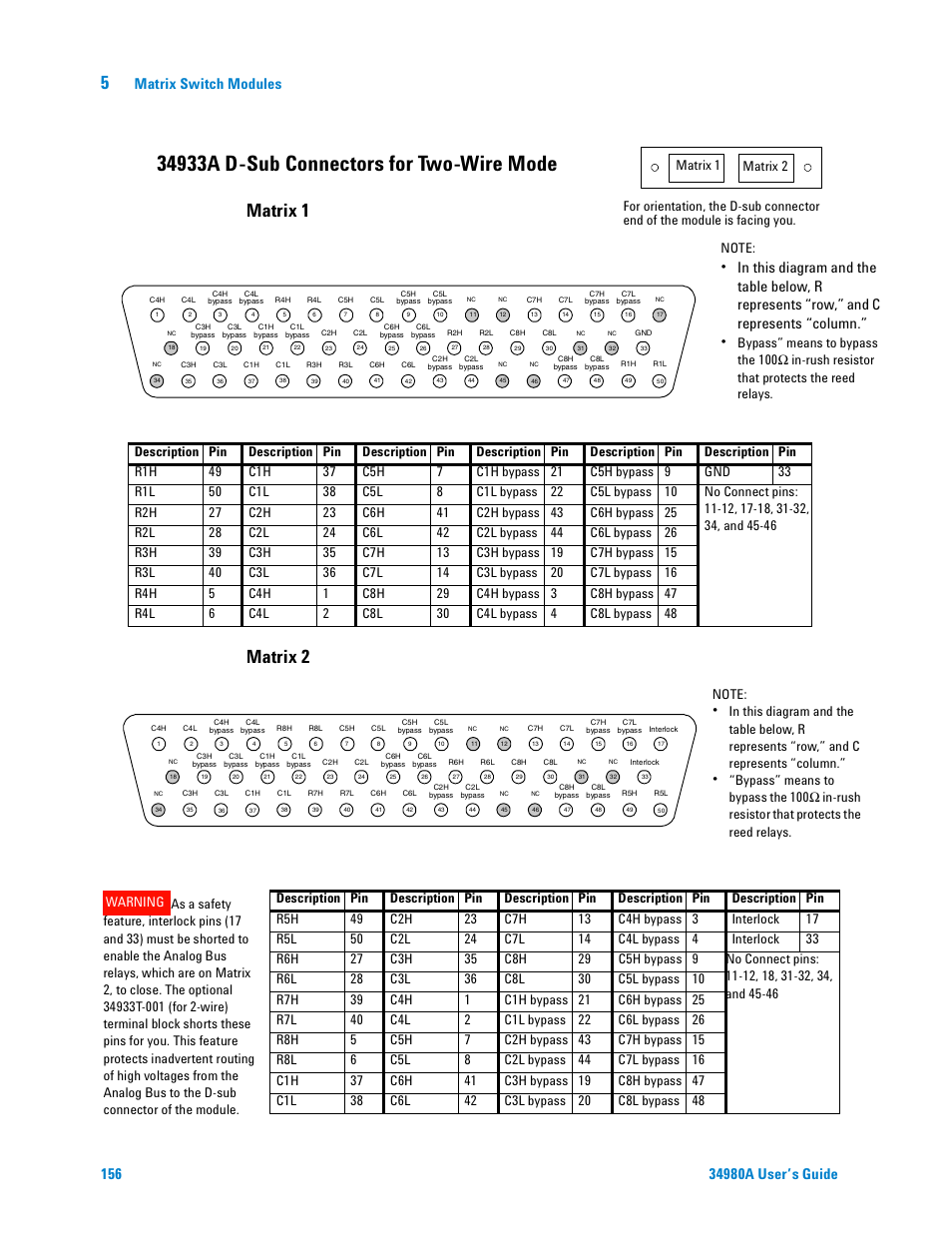 34933a d-sub connectors for two-wire mode, Matrix 1 matrix 2, Matrix switch modules | Description pin | Agilent Technologies Switch/Measure User Manual | Page 168 / 216