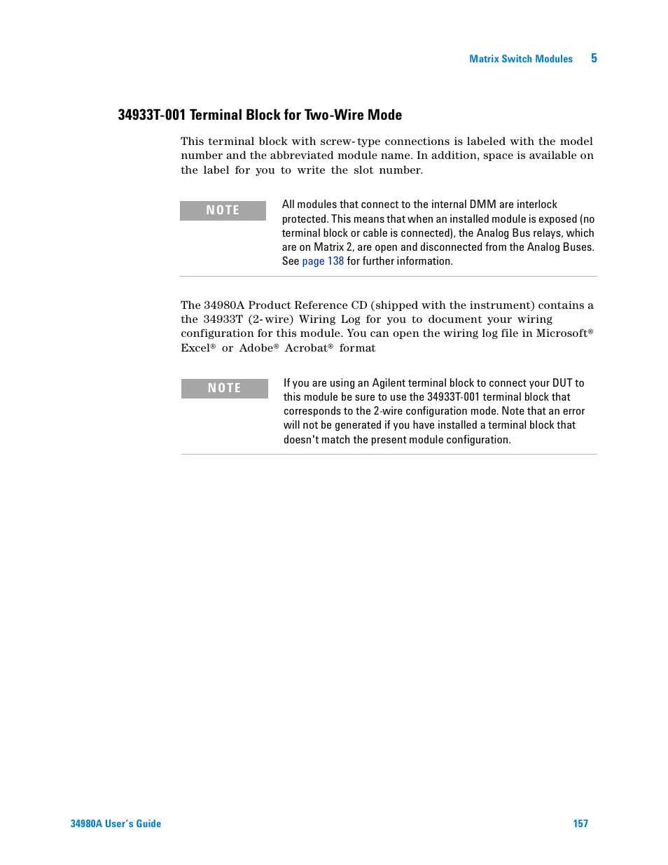 34933t-001 terminal block for two-wire mode | Agilent Technologies Switch/Measure User Manual | Page 169 / 216