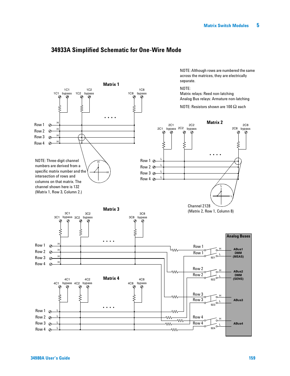 34933a simplified schematic for one-wire mode, Matrix switch modules, Matrix 1 | Matrix 2 matrix 3 matrix 4 | Agilent Technologies Switch/Measure User Manual | Page 171 / 216