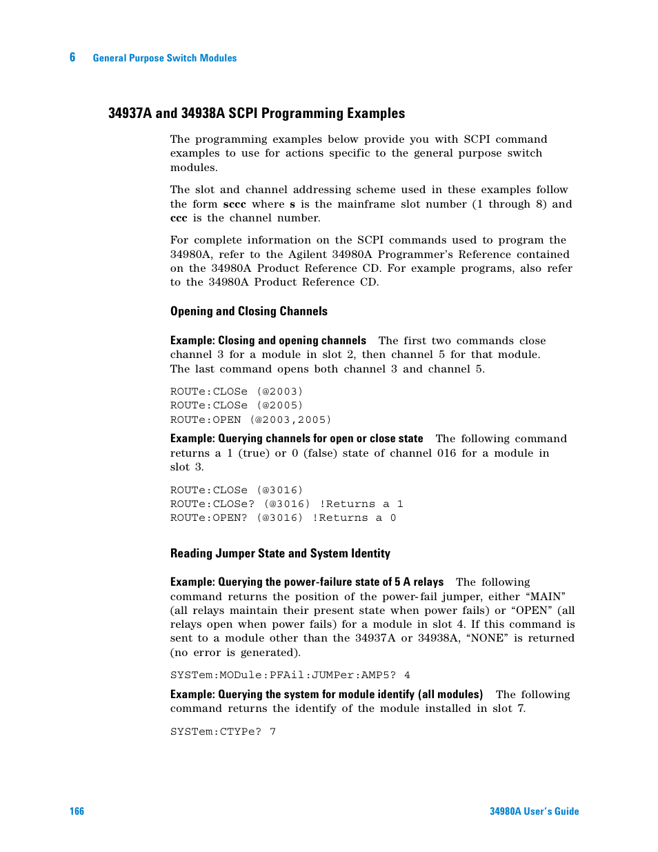 34937a and 34938a scpi programming examples | Agilent Technologies Switch/Measure User Manual | Page 178 / 216