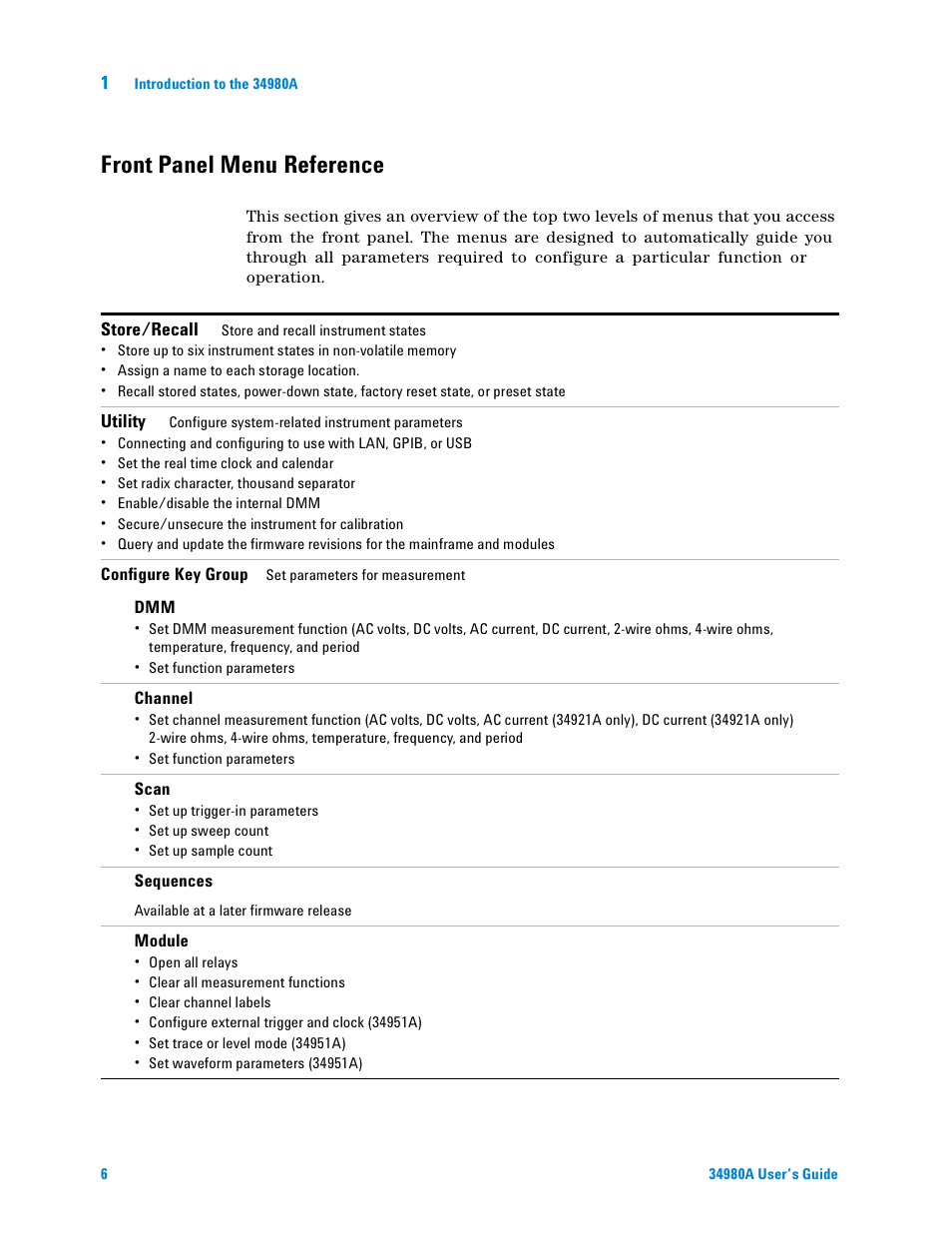 Front panel menu reference | Agilent Technologies Switch/Measure User Manual | Page 18 / 216