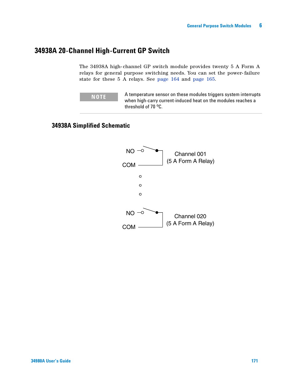34938a 20-channel high-current gp switch, 34938a simplified schematic | Agilent Technologies Switch/Measure User Manual | Page 183 / 216