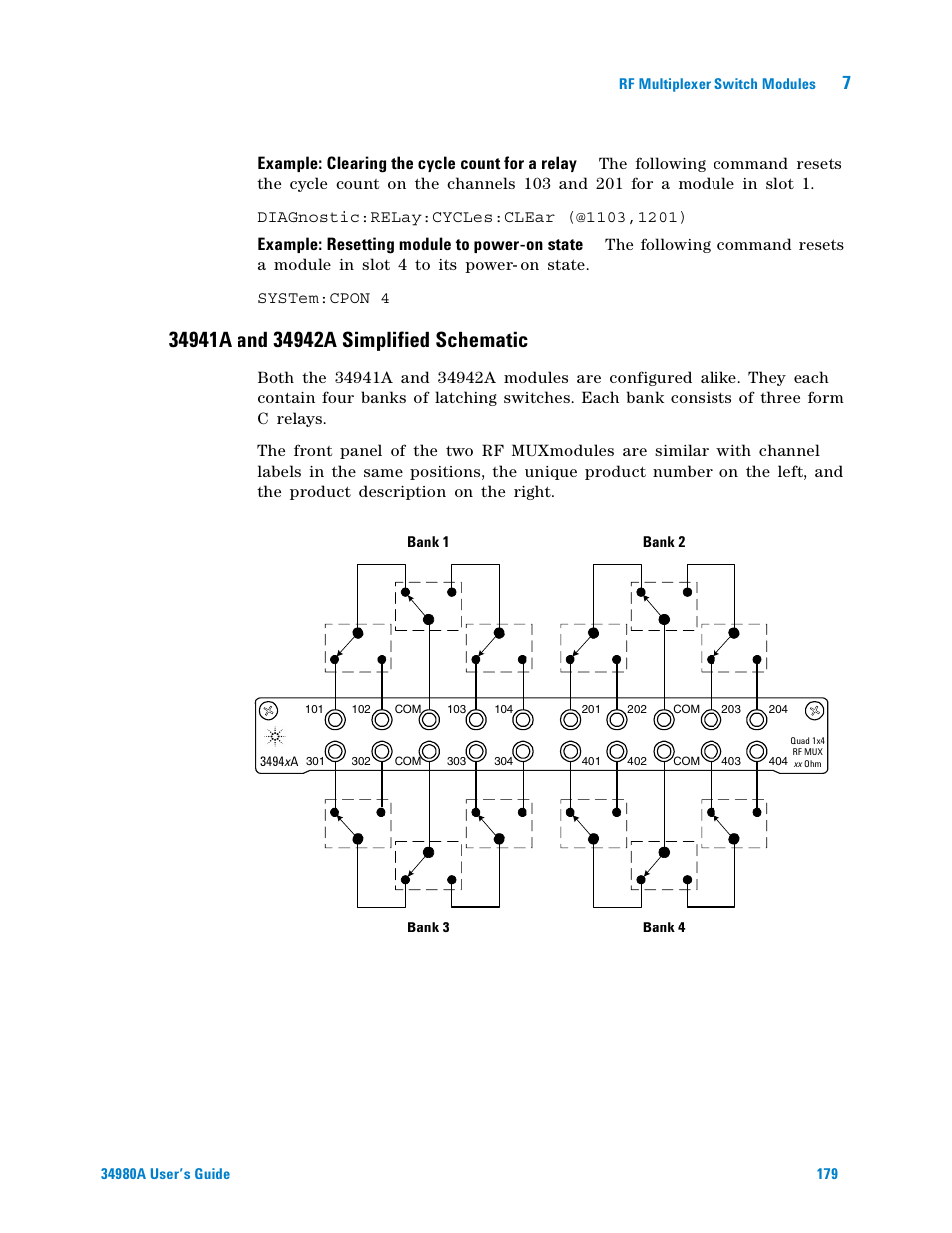 34941a and 34942a simplified schematic, Example: clearing the cycle count for a relay, Example: resetting module to power-on state | Agilent Technologies Switch/Measure User Manual | Page 191 / 216