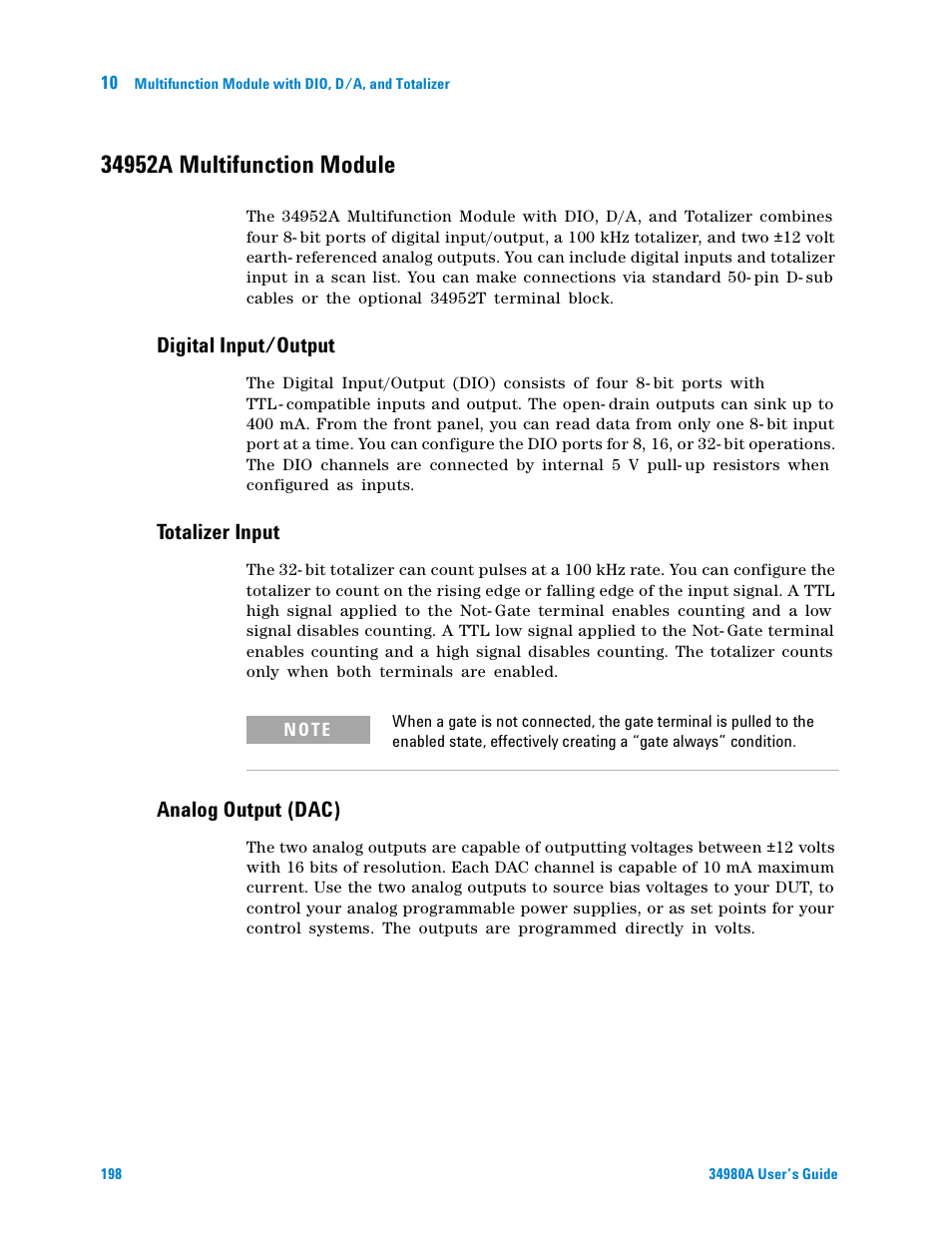34952a multifunction module, Digital input/output, Totalizer input | Analog output (dac) | Agilent Technologies Switch/Measure User Manual | Page 210 / 216