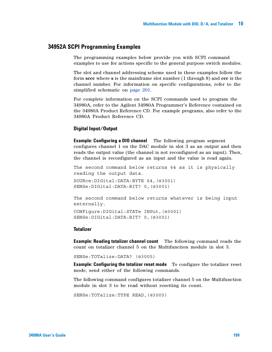 34952a scpi programming examples | Agilent Technologies Switch/Measure User Manual | Page 211 / 216