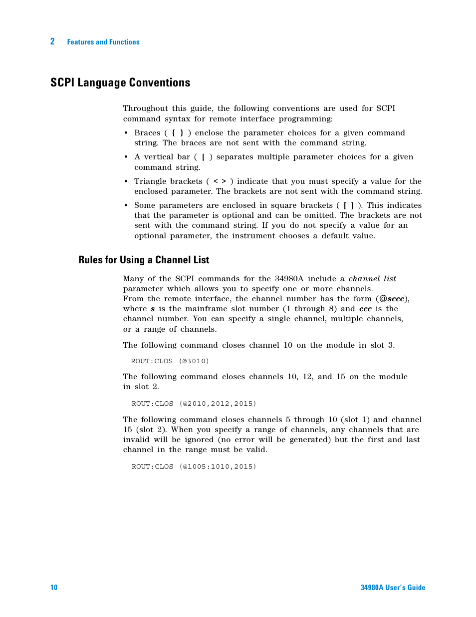 Scpi language conventions, Rules for using a channel list | Agilent Technologies Switch/Measure User Manual | Page 22 / 216
