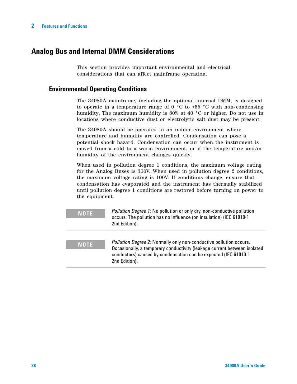 Analog bus and internal dmm considerations, Environmental operating conditions | Agilent Technologies Switch/Measure User Manual | Page 40 / 216
