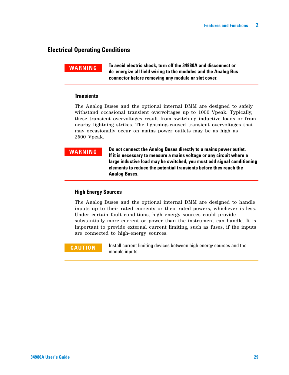 Electrical operating conditions | Agilent Technologies Switch/Measure User Manual | Page 41 / 216