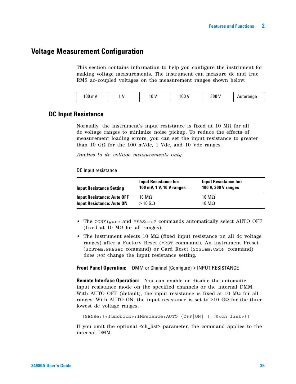 Voltage measurement configuration, Dc input resistance | Agilent Technologies Switch/Measure User Manual | Page 47 / 216