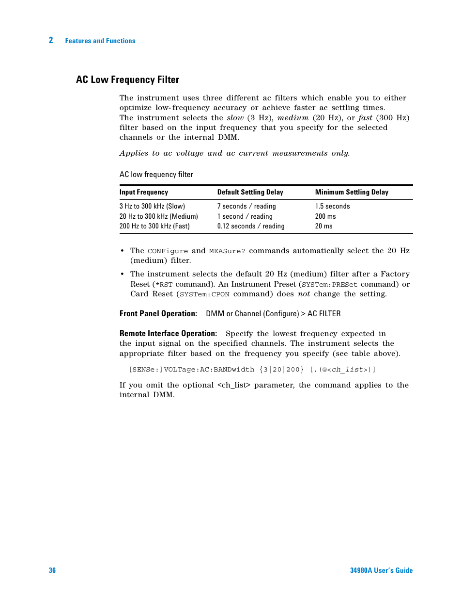 Ac low frequency filter, Ac low, Frequency filter | Agilent Technologies Switch/Measure User Manual | Page 48 / 216