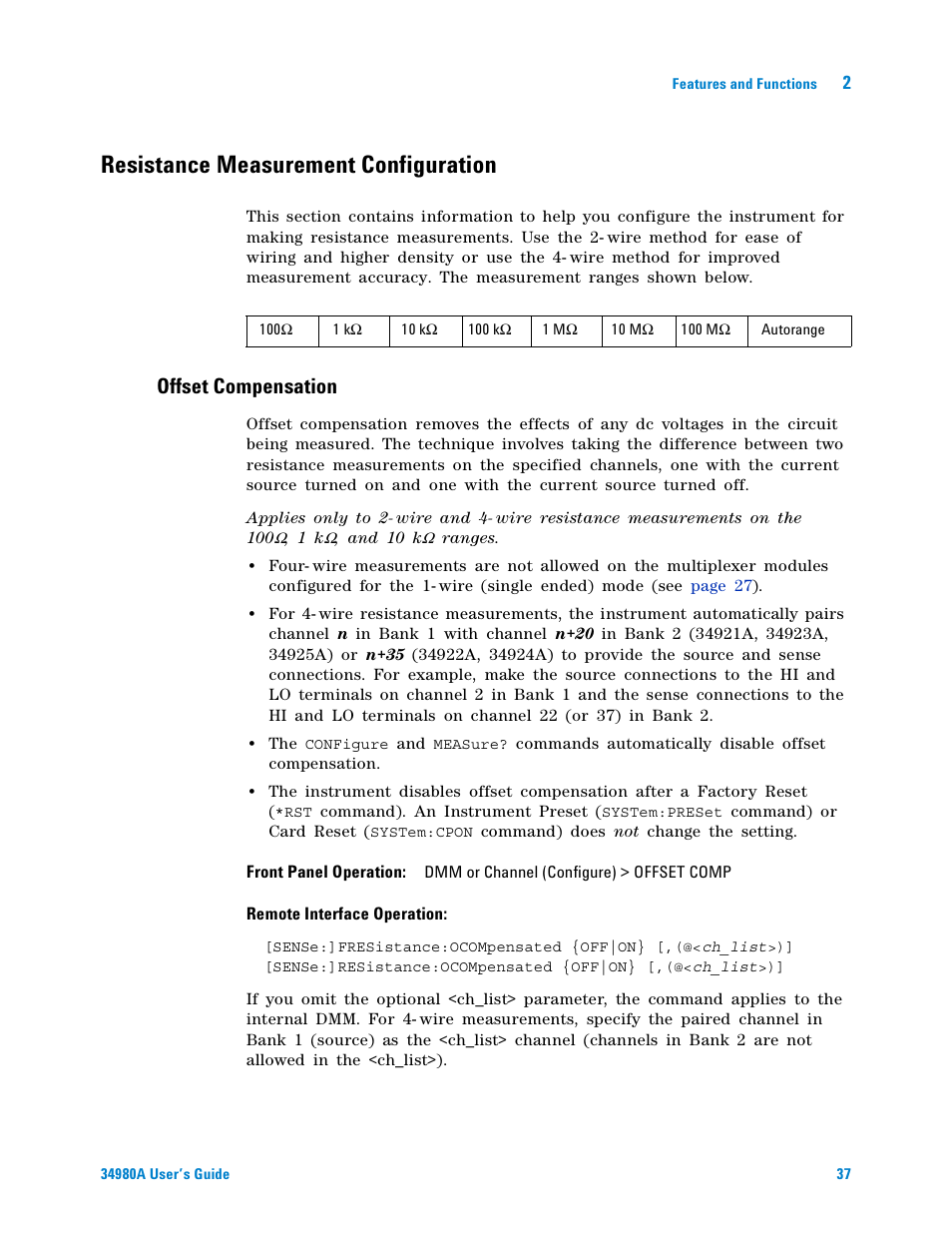 Resistance measurement configuration, Offset compensation | Agilent Technologies Switch/Measure User Manual | Page 49 / 216