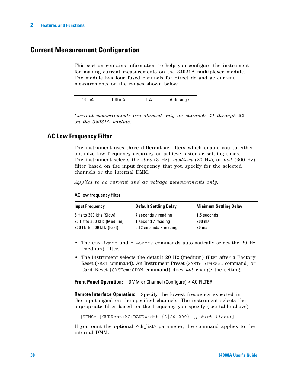 Current measurement configuration, Ac low frequency filter | Agilent Technologies Switch/Measure User Manual | Page 50 / 216