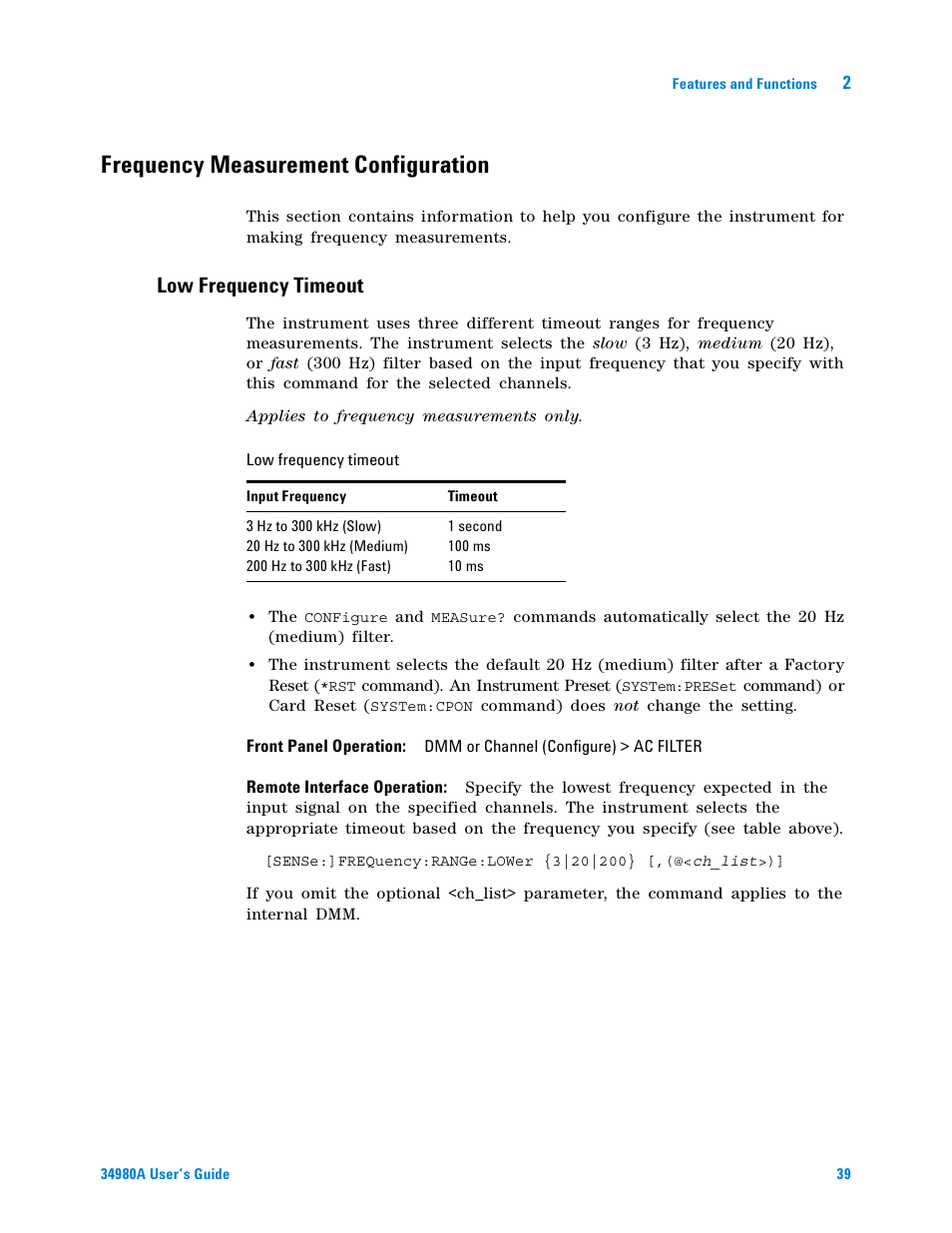 Frequency measurement configuration, Low frequency timeout | Agilent Technologies Switch/Measure User Manual | Page 51 / 216