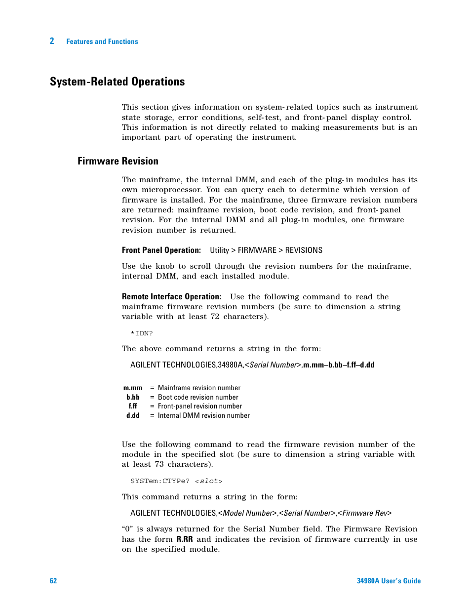System-related operations, Firmware revision | Agilent Technologies Switch/Measure User Manual | Page 74 / 216