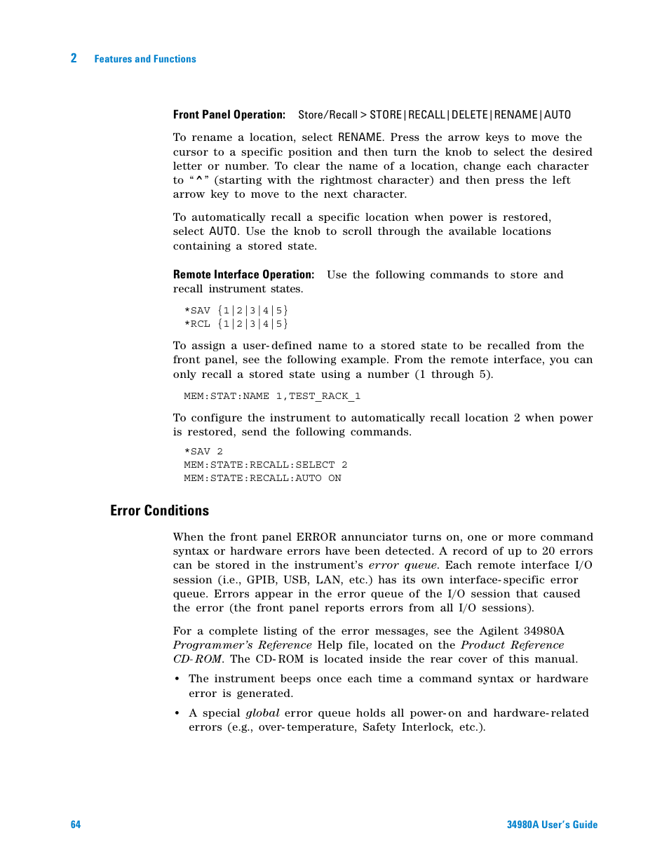 Error conditions | Agilent Technologies Switch/Measure User Manual | Page 76 / 216