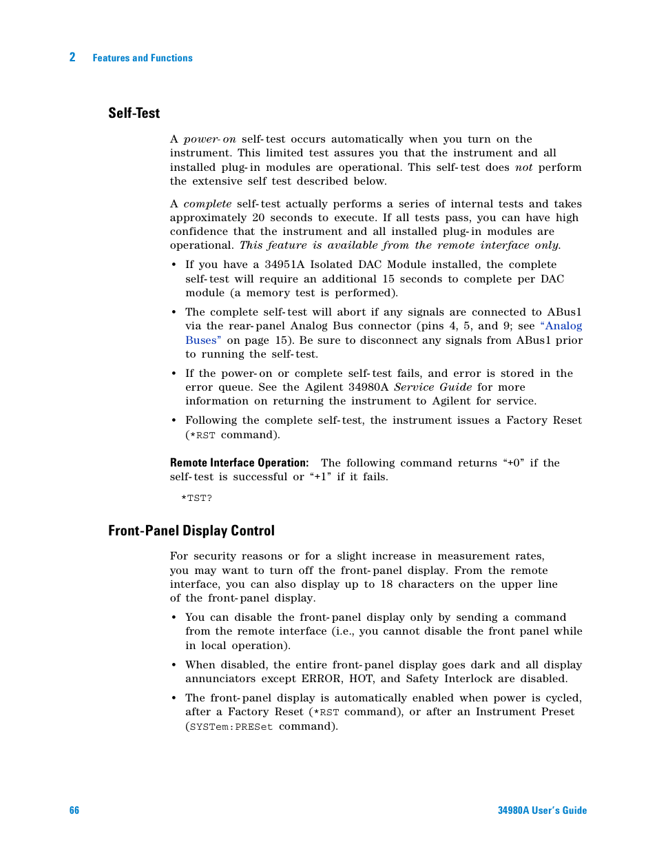 Self-test, Front-panel display control | Agilent Technologies Switch/Measure User Manual | Page 78 / 216