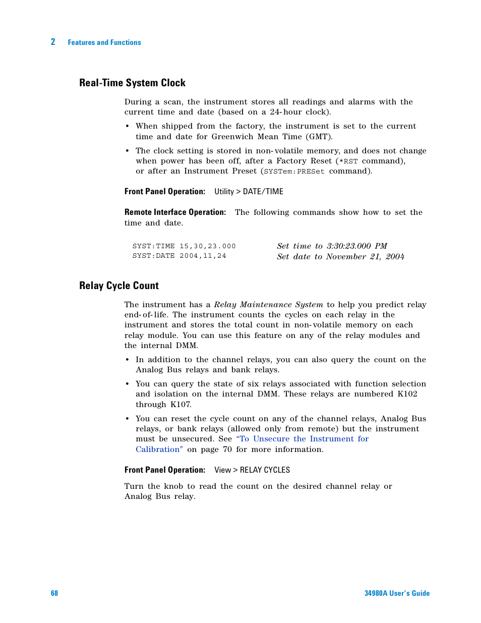 Real-time system clock, Relay cycle count | Agilent Technologies Switch/Measure User Manual | Page 80 / 216