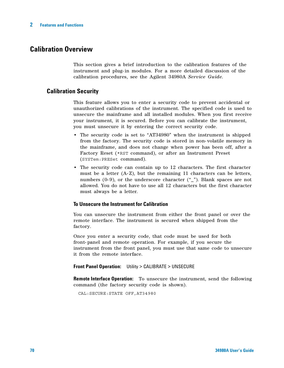 Calibration overview, Calibration security, To unsecure the instrument for | Calibration | Agilent Technologies Switch/Measure User Manual | Page 82 / 216