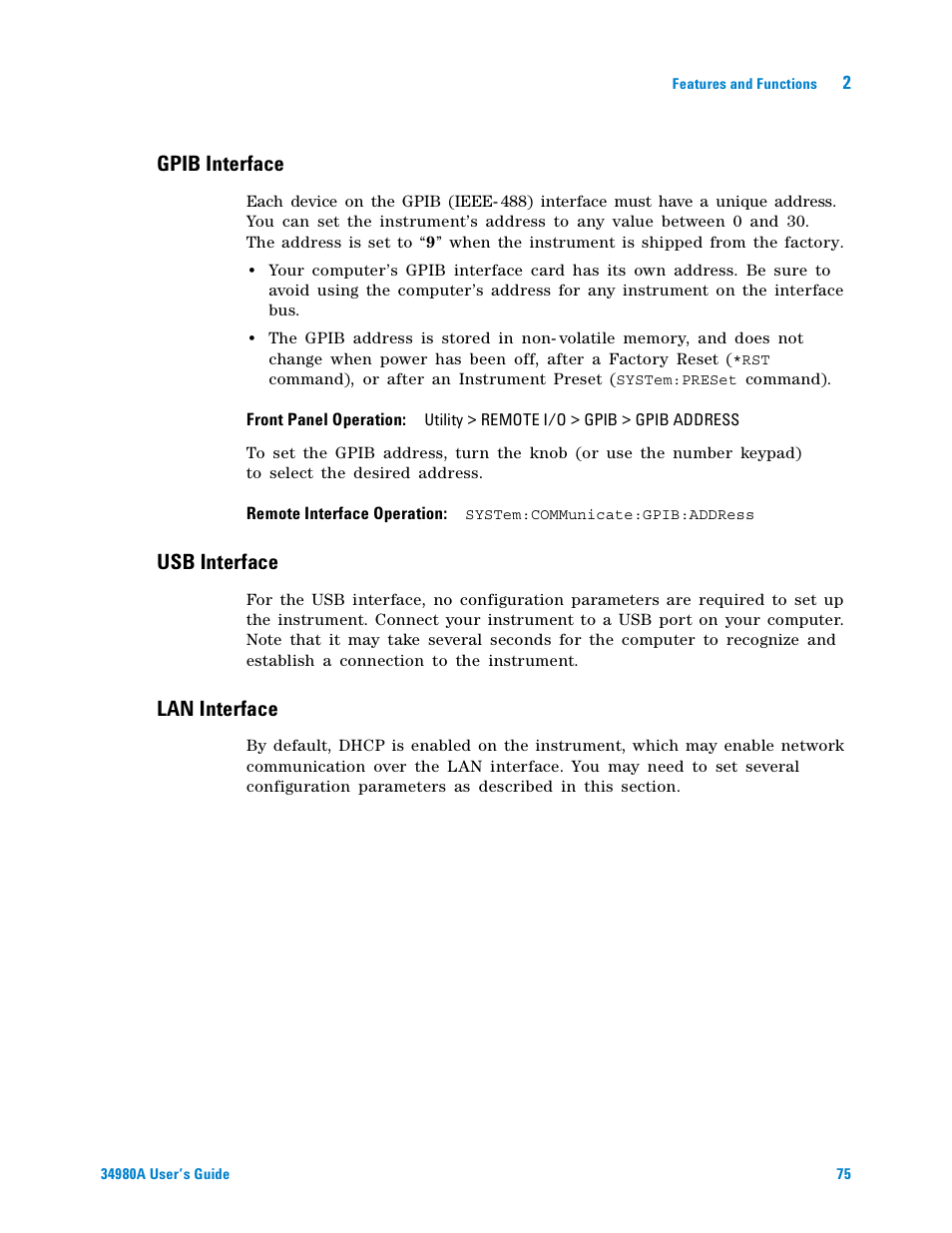 Gpib interface, Usb interface, Lan interface | Agilent Technologies Switch/Measure User Manual | Page 87 / 216