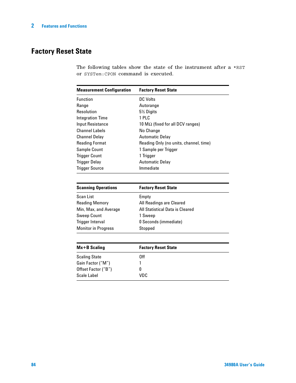 Factory reset state | Agilent Technologies Switch/Measure User Manual | Page 96 / 216