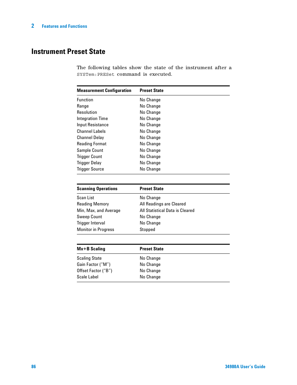 Instrument preset state | Agilent Technologies Switch/Measure User Manual | Page 98 / 216