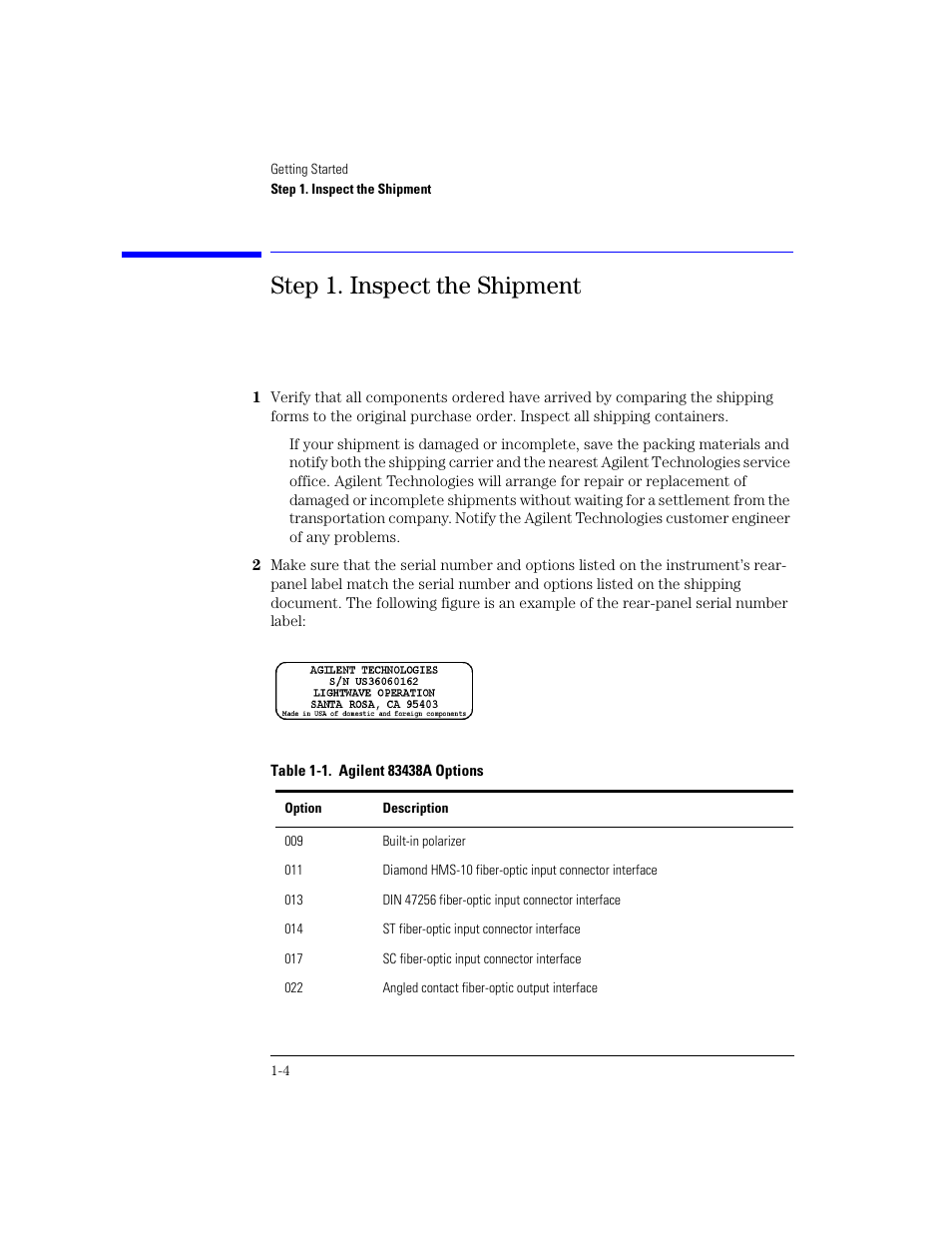 Step 1. inspect the shipment, Step 1. inspect the shipment 1-4 | Agilent Technologies 83438A User Manual | Page 14 / 106