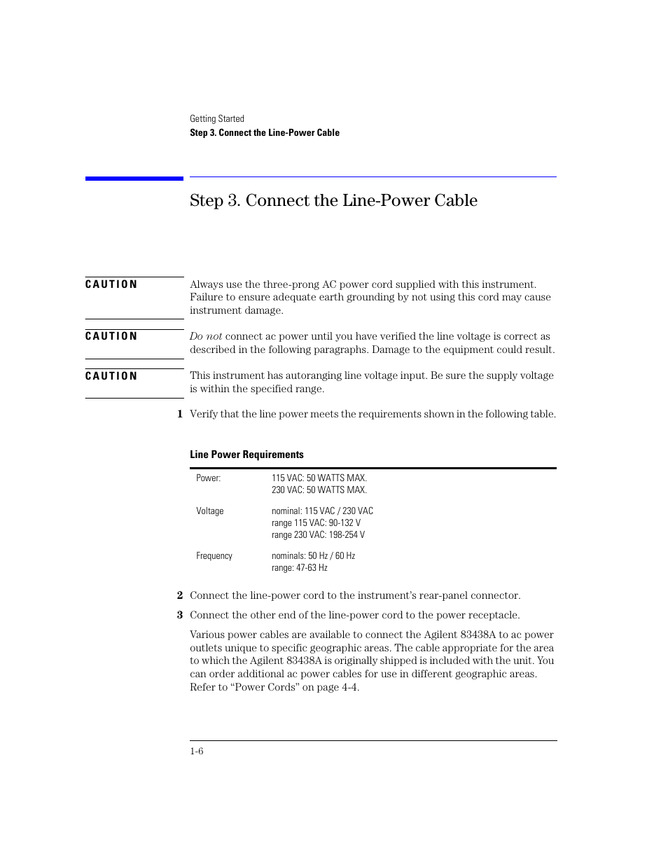 Step 3. connect the line-power cable, Step 3. connect the line-power cable 1-6 | Agilent Technologies 83438A User Manual | Page 16 / 106