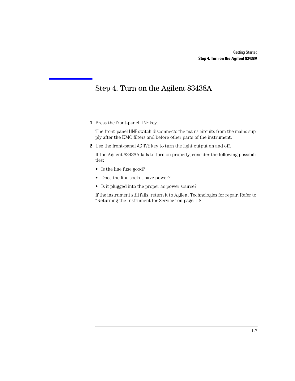 Step 4. turn on the agilent83438a, Step 4. turn on the agilent 83438a 1-7, Step 4. turn on the agilent 83438a | Agilent Technologies 83438A User Manual | Page 17 / 106