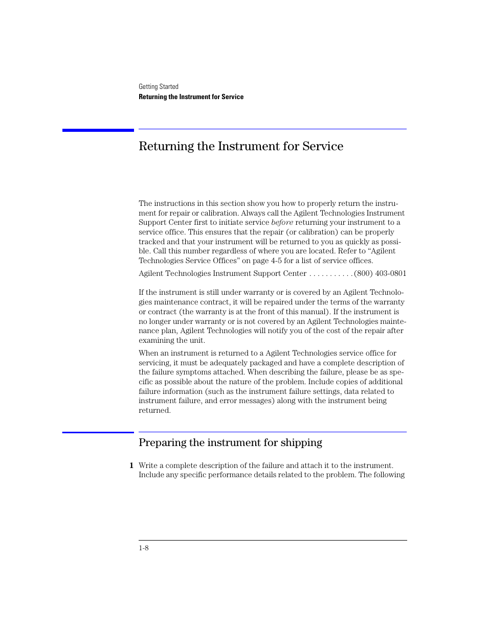Returning the instrument for service, Preparing the instrument for shipping, Returning the instrument for service 1-8 | Agilent Technologies 83438A User Manual | Page 18 / 106