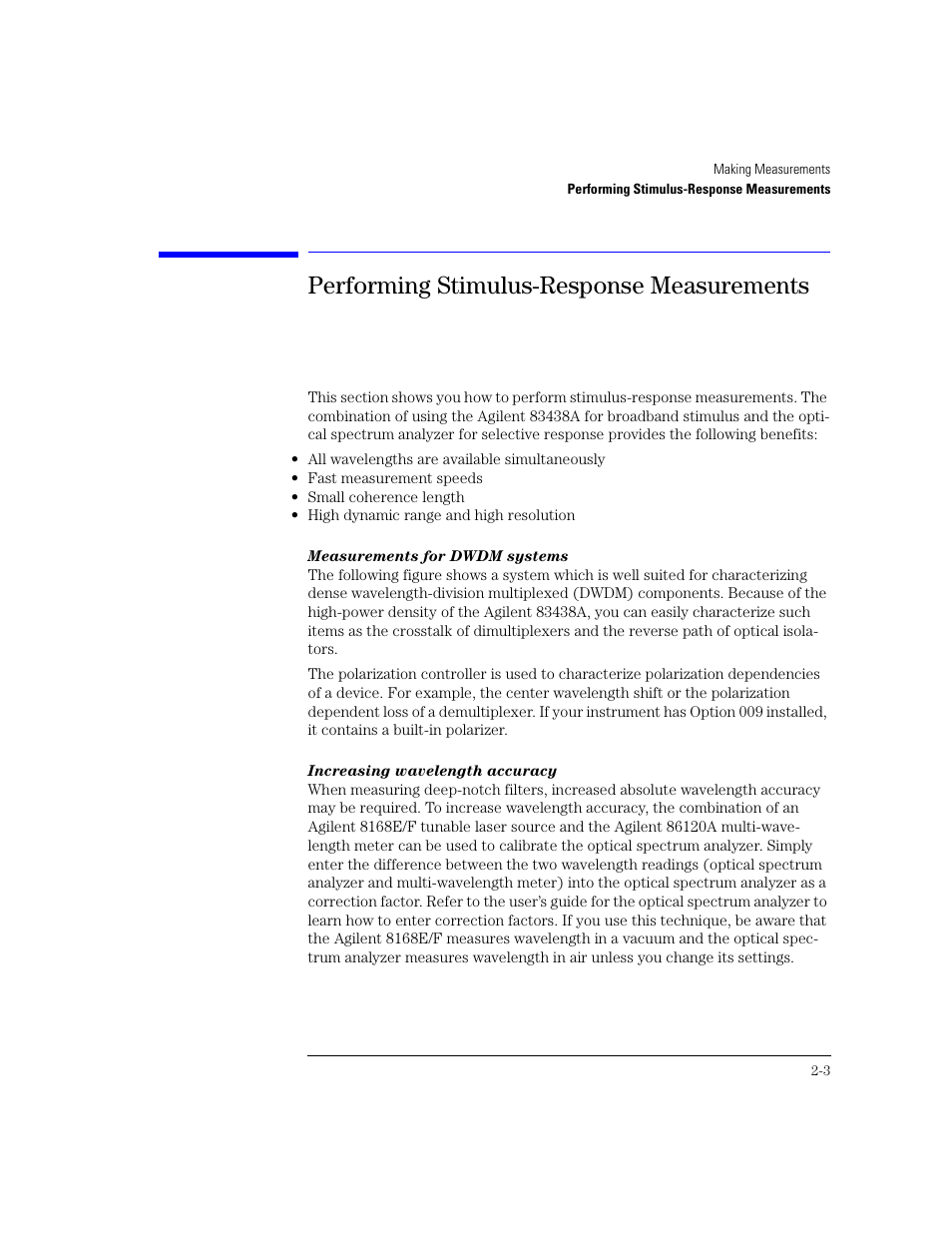 Performing stimulus-response measurements, Performing stimulus-response measurements 2-3 | Agilent Technologies 83438A User Manual | Page 23 / 106