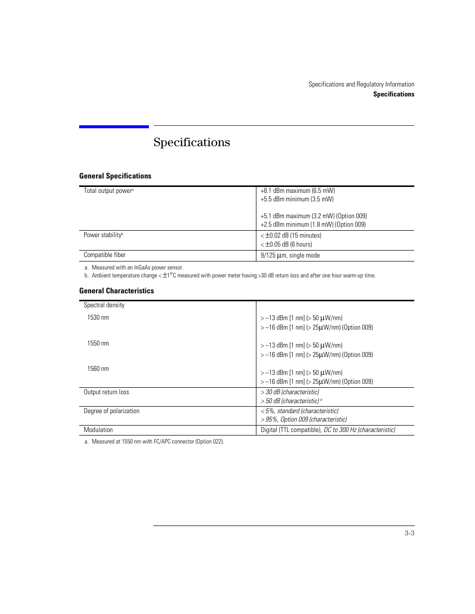 Specifications, Specifications 3-3 | Agilent Technologies 83438A User Manual | Page 43 / 106