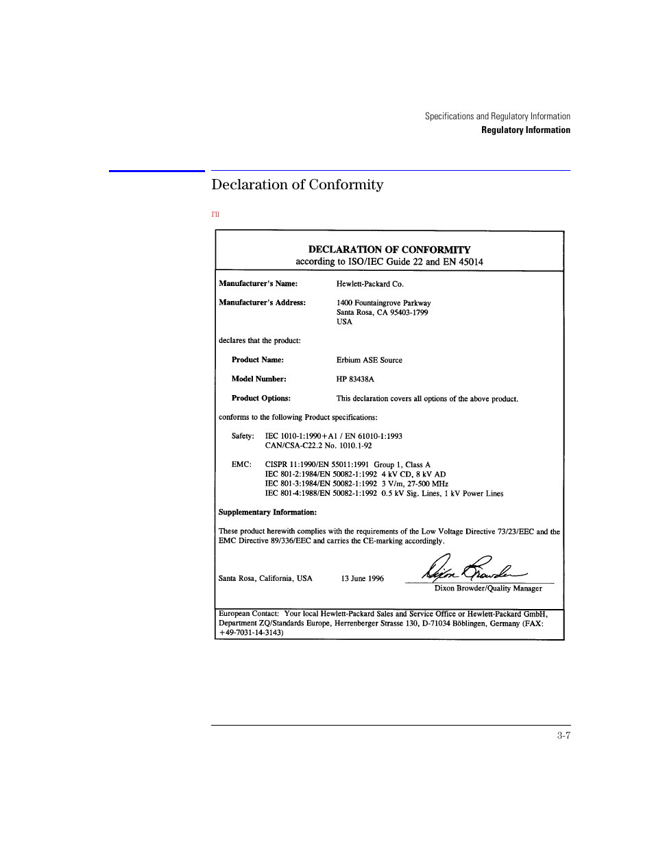 Declaration of conformity | Agilent Technologies 83438A User Manual | Page 47 / 106
