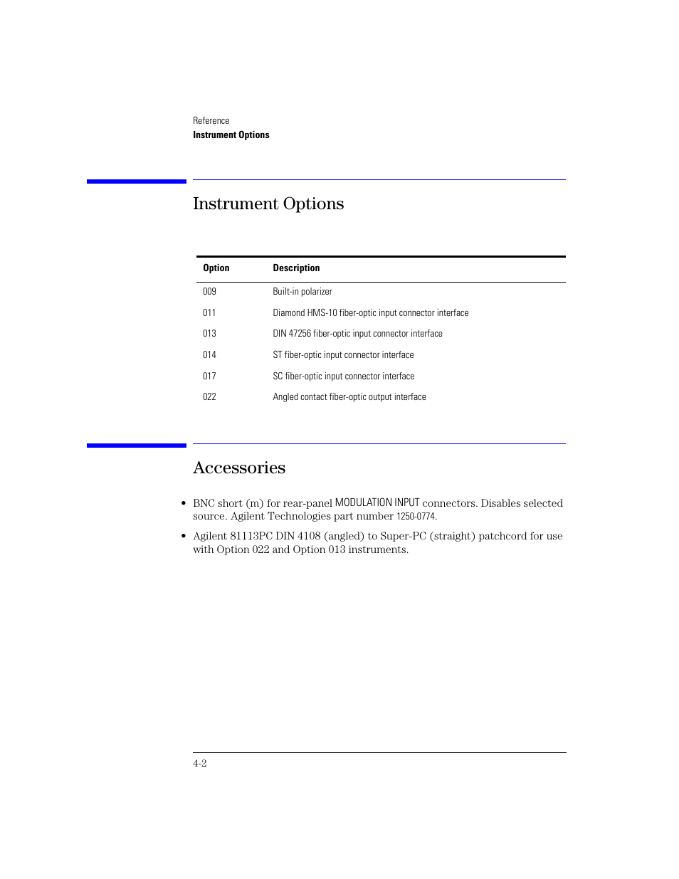 Instrument options, Accessories, Instrument options 4-2 accessories 4-2 | Instrument options accessories | Agilent Technologies 83438A User Manual | Page 50 / 106