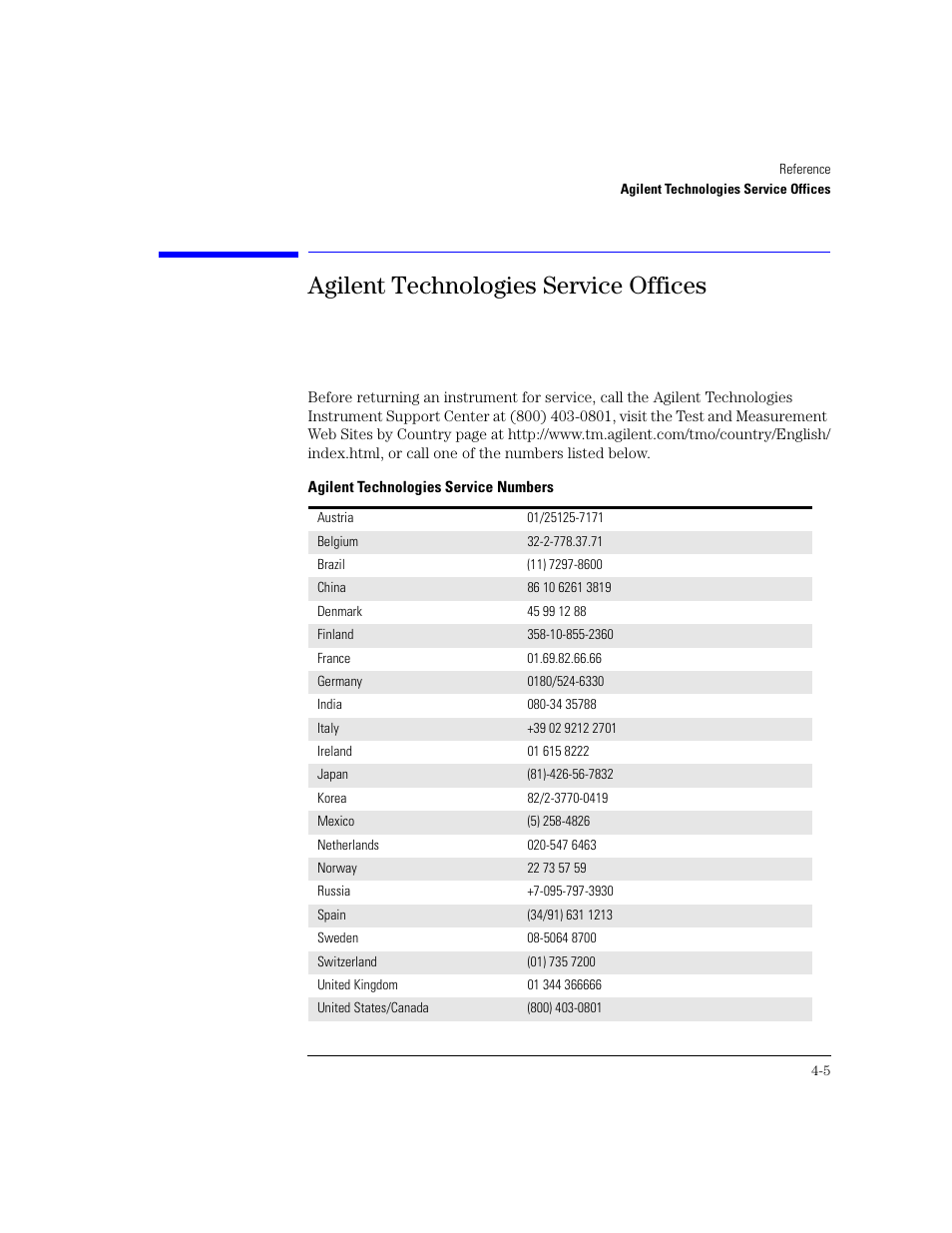 Agilent technologies service offices, Agilent technologies service offices 4-5 | Agilent Technologies 83438A User Manual | Page 53 / 106