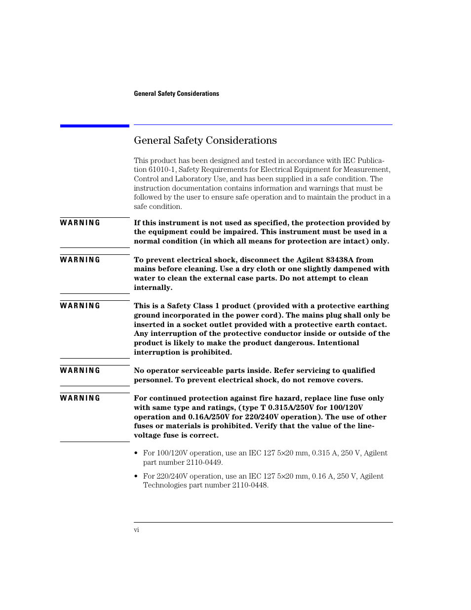 General safety considerations | Agilent Technologies 83438A User Manual | Page 6 / 106
