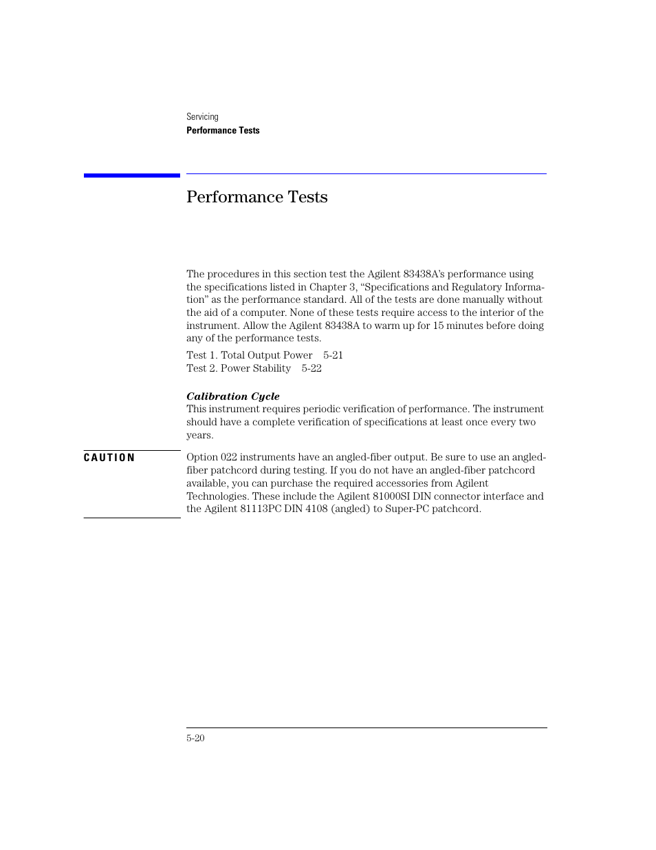 Performance tests, Performance tests 5-20 | Agilent Technologies 83438A User Manual | Page 74 / 106