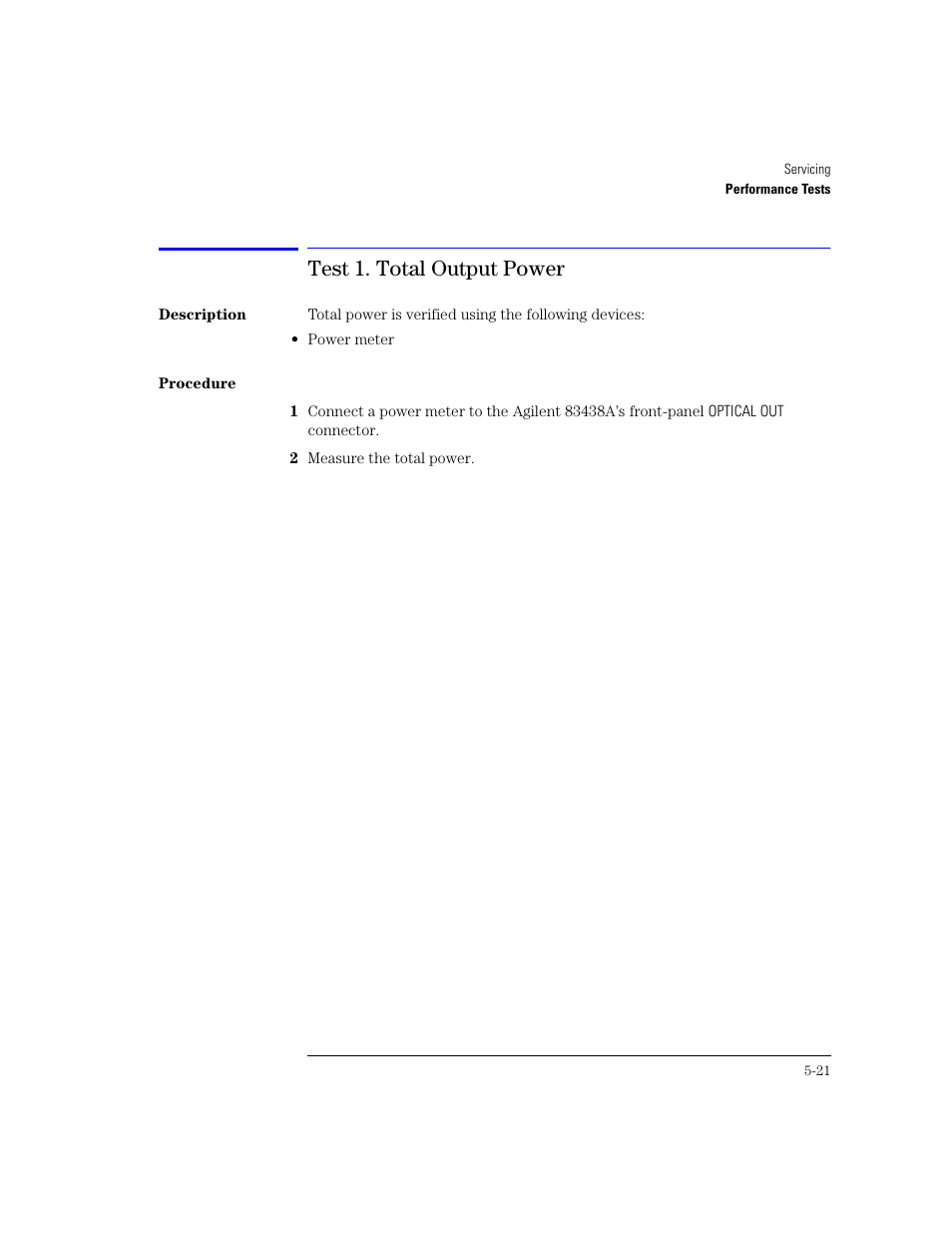 Test 1. total output power | Agilent Technologies 83438A User Manual | Page 75 / 106