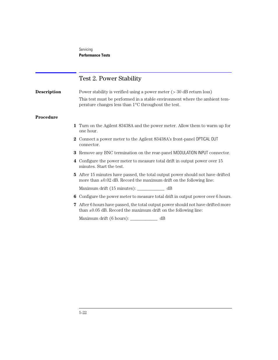 Test 2. power stability | Agilent Technologies 83438A User Manual | Page 76 / 106